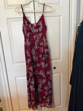 Burgundy/Red Floral Maxi Dress with Adjustable Spaghetti Straps